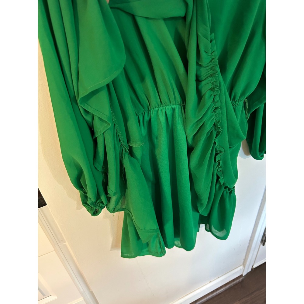 Flying Tomato Green Long Sleeve Ruffle Hem Mini Dress Elastic Waist Womens M - Picture 4 of 7